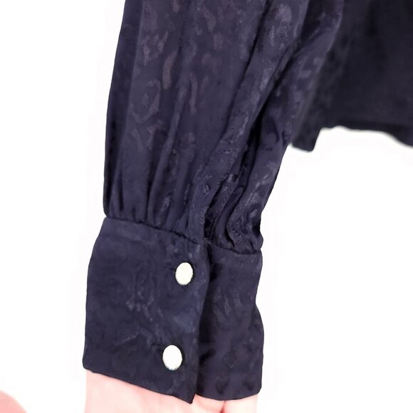 Ted Baker Satin Blouse Size 2 Dark Leopard Long Sleeve Jacquard Top Choker Neck - Picture 11 of 13